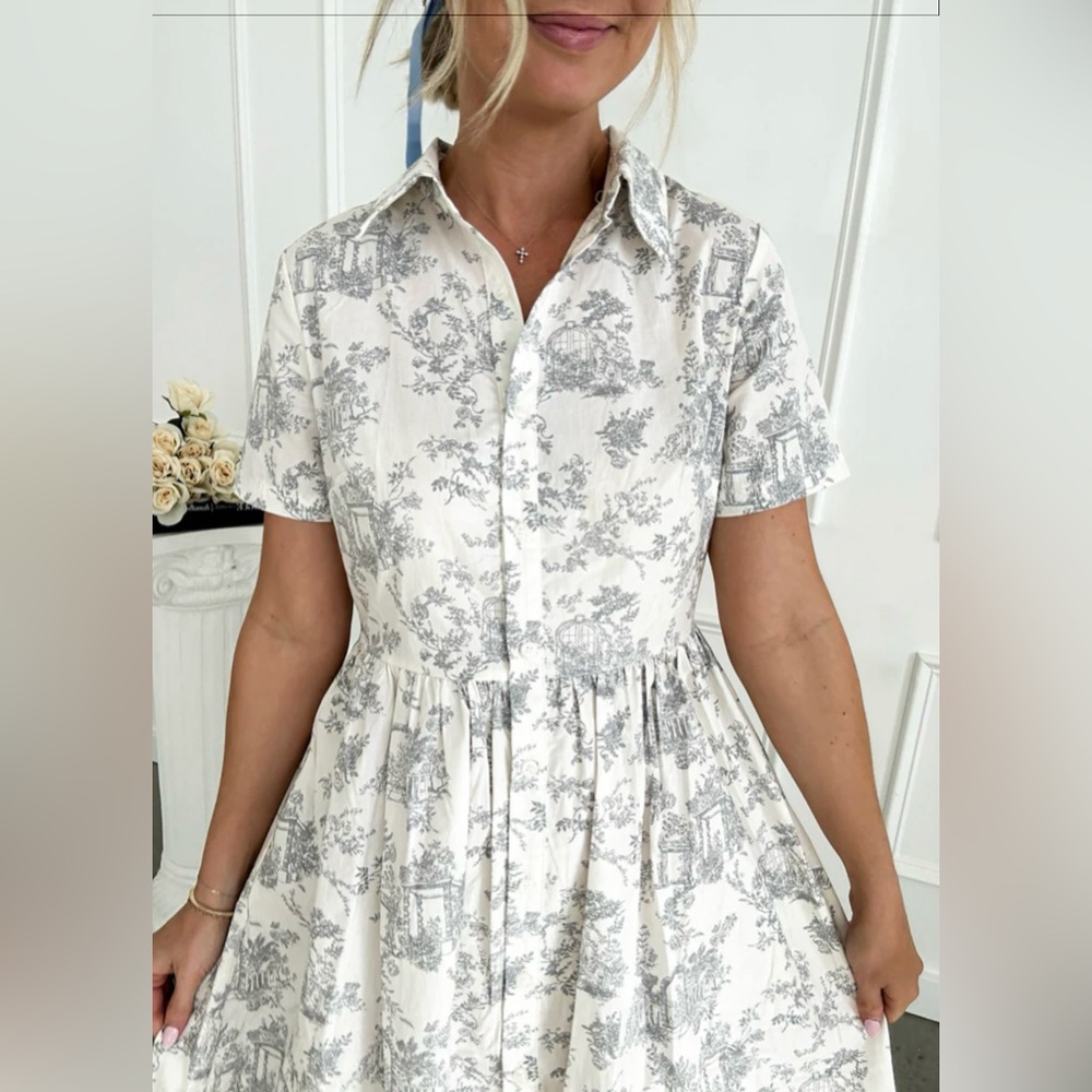 ***ISO*** Flourish in Frills Toile Delight Gray Midi Dress - Picture 2 of 4
